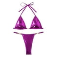 thumbnail image 5 of Black and Friday Women's Trendy Shiny Metallic Bikini Set Triangle Halter Padded Bra Adjustable G-String Two-Piece Swimsuit Bathing Suits Beachwear Purple S, 5 of 8