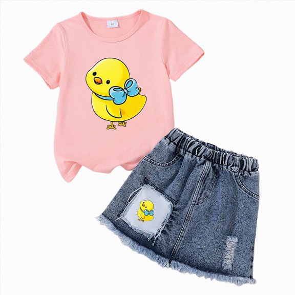 BOBOGOJP Girls Clothes 2PCS Butterfly Print Short Sleeve T-Shirt Denim Skirt Shorts Set Teen Tween Girls Summer Outfits Set