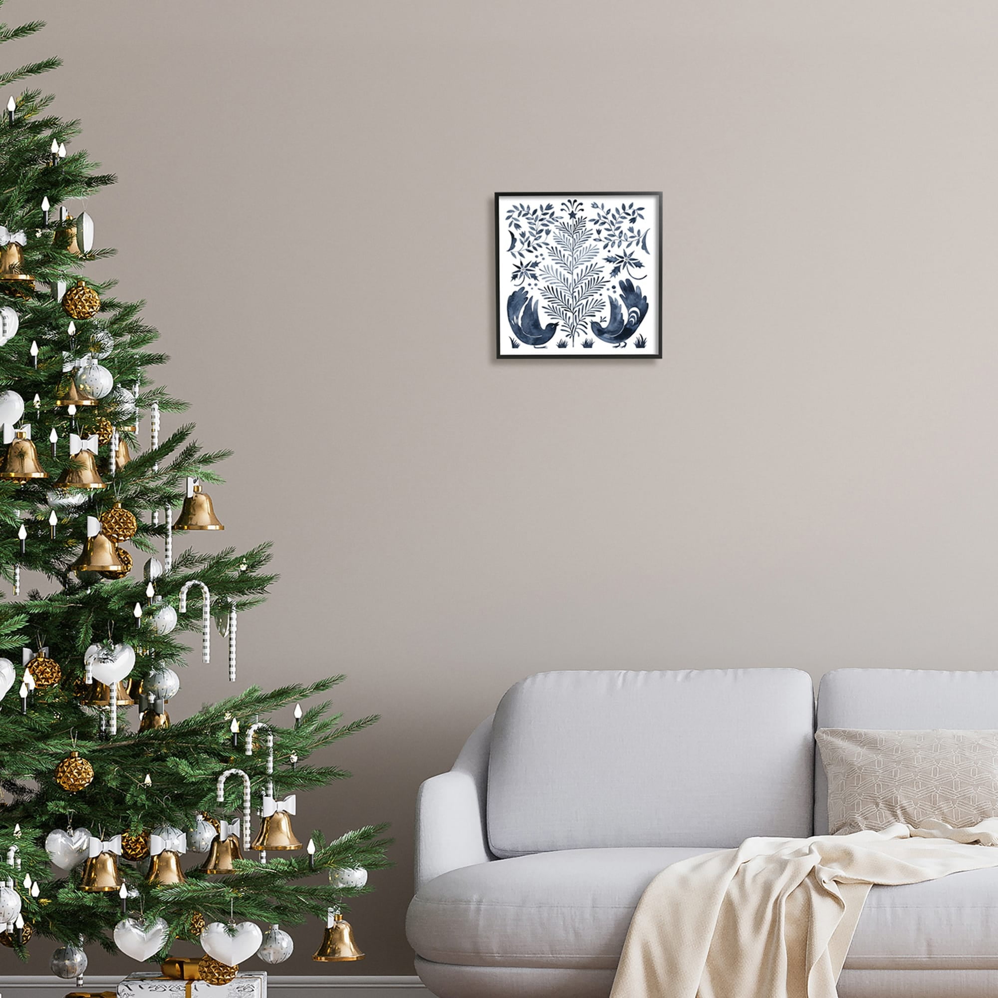 Tranquil Blue Birds Botanical Holiday Tree Design Animals & Insects Painting Framed Art Print Wall Art