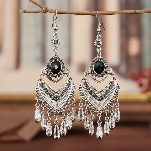 U8MO Bohemian Ethnic Tibetan Silver Crystal Rhinestones Dangle Tassels Hook Earrings-Black