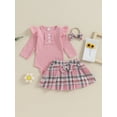 thumbnail image 2 of Bagilaanoe 3Pcs Newborn Baby Girls Fall Clothes Long Sleeve Ribbed Romper Tops + Plaid Skirt + Headband 3M 6M 9M 12M Infant Casual Skirt Set, 2 of 9