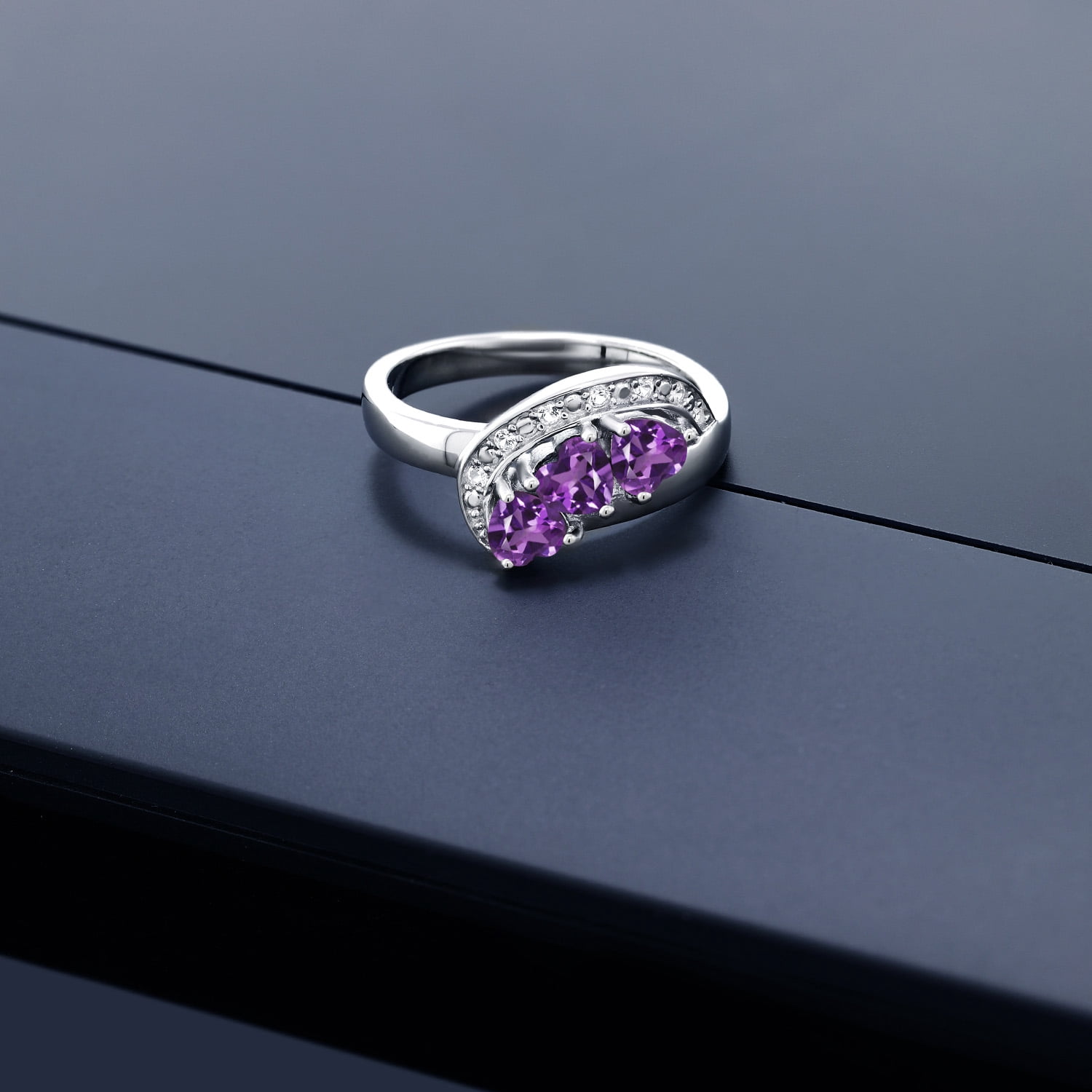 Gem Stone King 925 Sterling Silver Purple Amethyst and White Created Sapphire Engagement Ring for Women (0.74 Cttw, Gemstone February Birthstone, Heart Shape 4MM, Size 6)