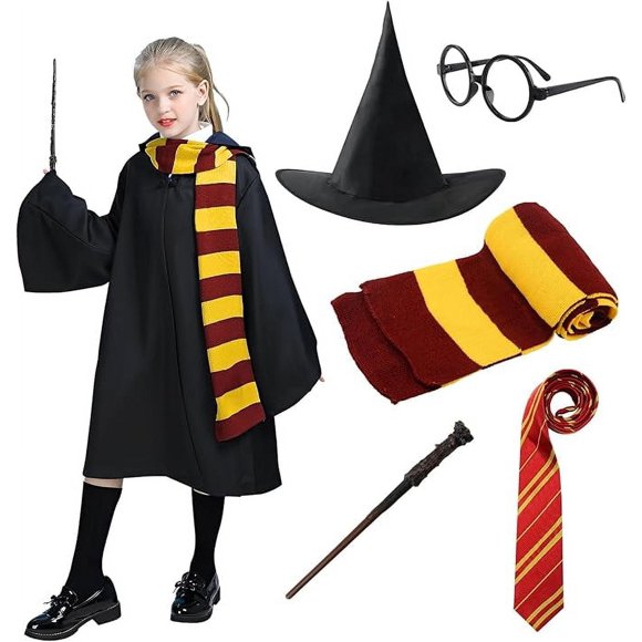 YANSION 6 Pcs Disfraz de Mago Niños, Halloween Disfraz de Mago Cosplay, con Capa Túnica Sombrero Corbata Bufanda Varita de Mago para Fiesta de Cumpleaños, Navidad, Cosplay de Carnaval