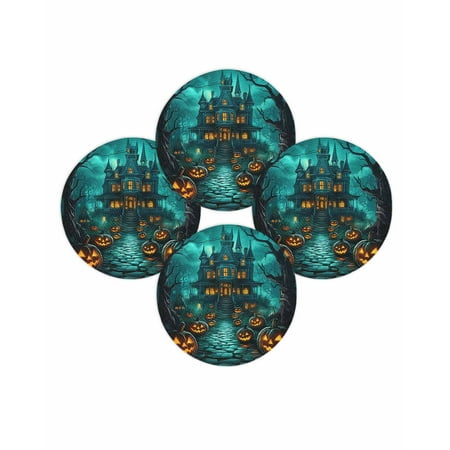 Halloween Round Placemats Set of 4 Green Grimace Pumpkin Place Mats Washable Woven Placemat Moon Castle Scary Night Circle Braided Table Mat for Kitchen Dining Table Holiday Party Home Decor 15 Inch