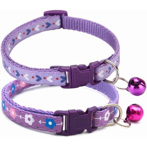 Purple Dog Collar with Bell, 2-Pack Heart & Floral Cat Collar with Bells, Female Tiny Dog Collar for XXS Xs Small Pet Little Girl Dogs