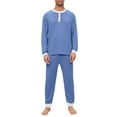thumbnail image 2 of Dwelliawo Mens Pajamas Set Henley T-Shirt Neck Long Sleeve Tshirts and Pants with Pockets Two Pieces Lounge Pjs Loose Comfortable Solid Color Dressy 2025 Fall Loungewear Set Dark Blue L, 2 of 9