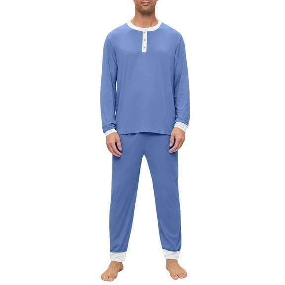 Dwelliawo Men Pajama Set Long Sleeve Henley Pjs Soft Modal Breathable Button Top Jogger Pants Lightweight Loungewear For Sleeping Daily Rest Dark Blue 2xL
