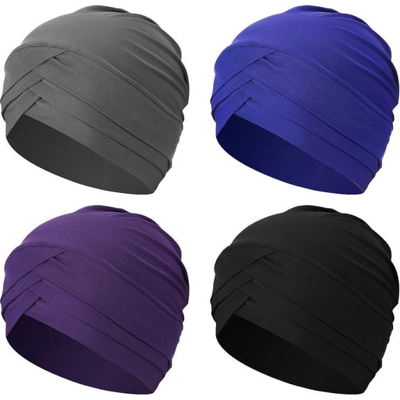 Minzimin 4 Pcs Turbans for Women Chemo Headwear Cancer Hats Stretchy Turban Headwrap Soft Pre Tied Knot Pleated Sleep Cap