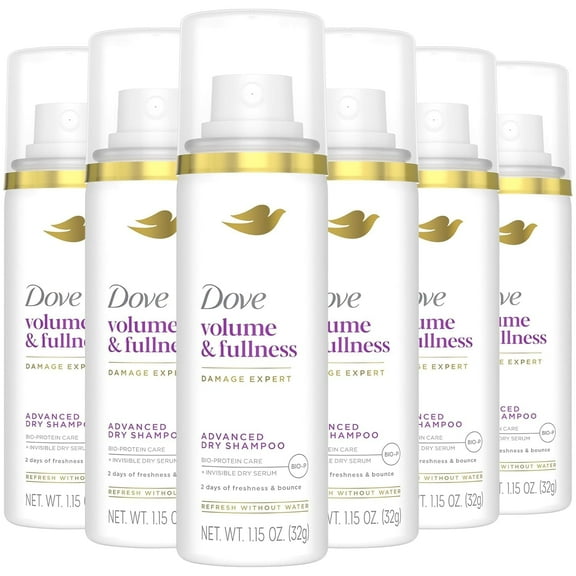Dove Advanced Dry Shampoo, Travel-Size, Volume & Fullness, 6-Pack, Travel Essentials, 1.15 Oz Ea