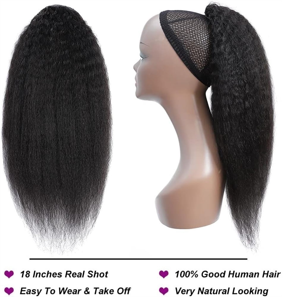 Human Hair Ponytail Clip in Hair Piece 10"-26" Kinky Straight Ponytail Extensions Remy Hair Yaki Straight Ponytail Hairpieces, Natural Black