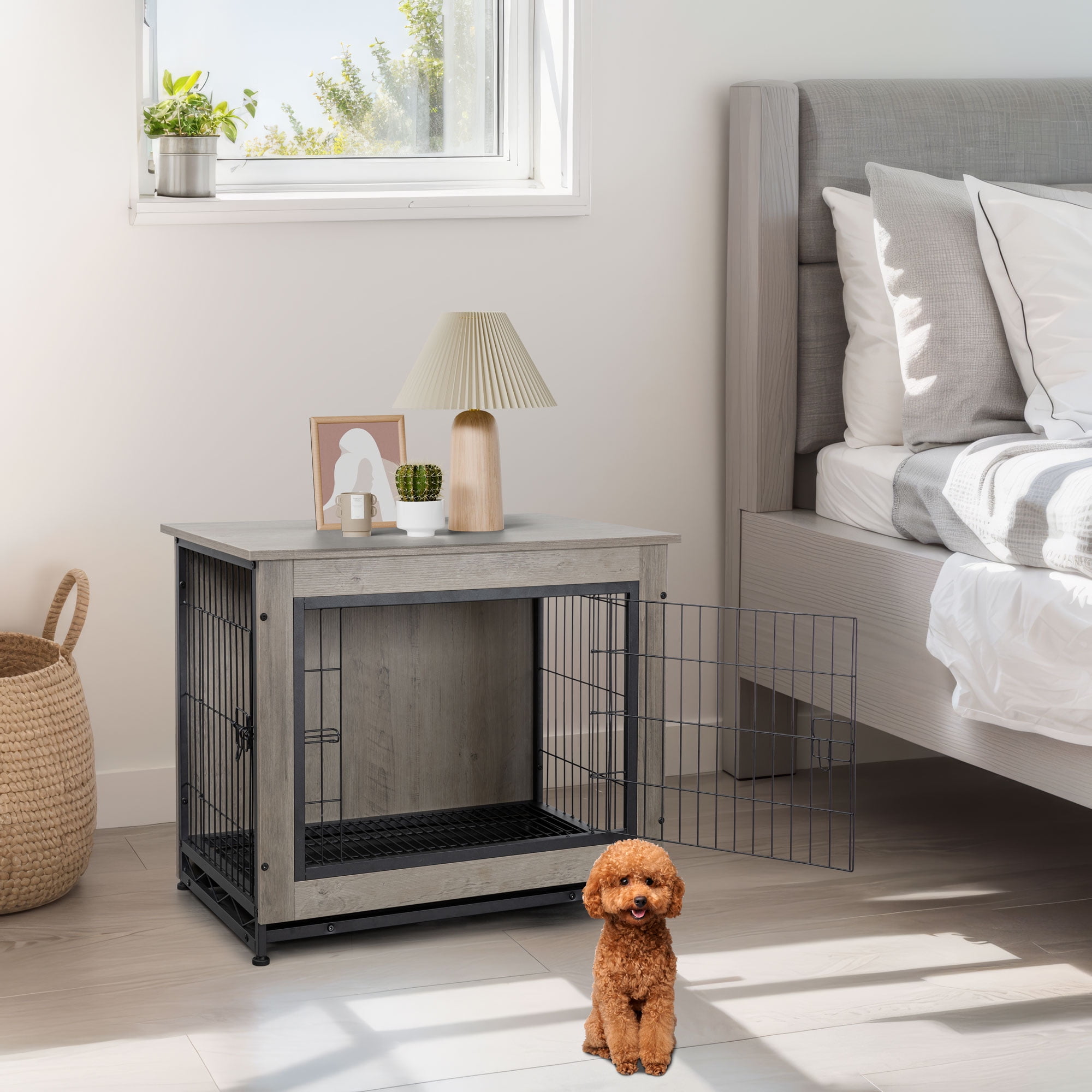 Walsunny Wooden Dog Crate, Double-Doors Kennel with Divider