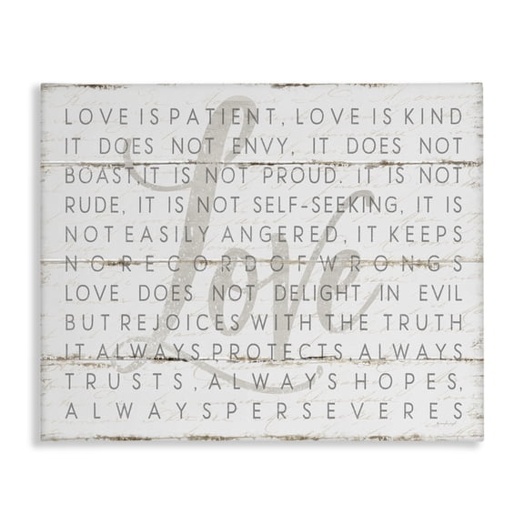 Stupell Industries Farmhouse Love Is Patient Grey on White Planked Look Canvas Art, 20 x 16, by Jennifer Pugh