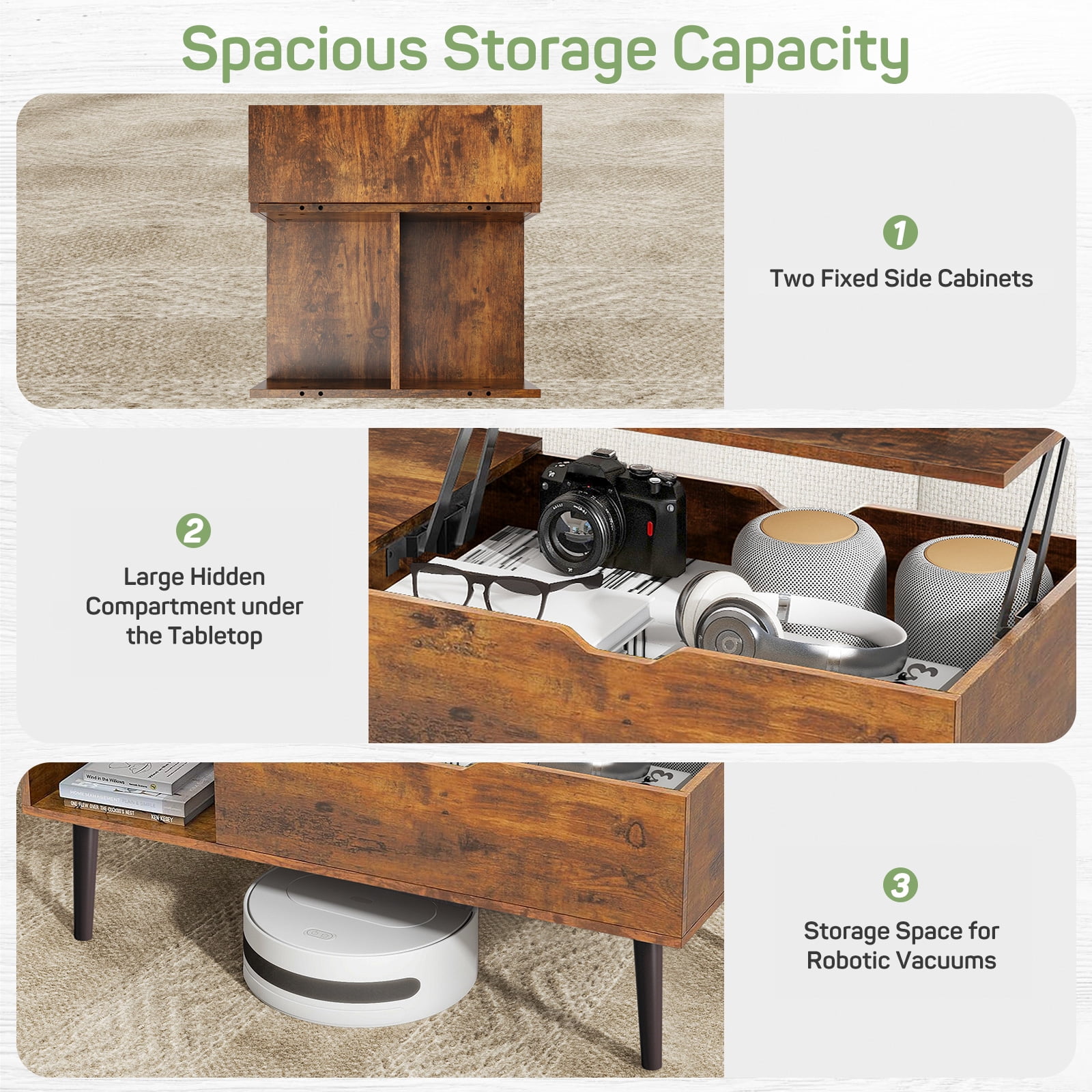 Casabay Lift Top Coffee Tables for Living Room, Small Modern Wooden Center Tables with Storage Shelf and Hidden Compartment