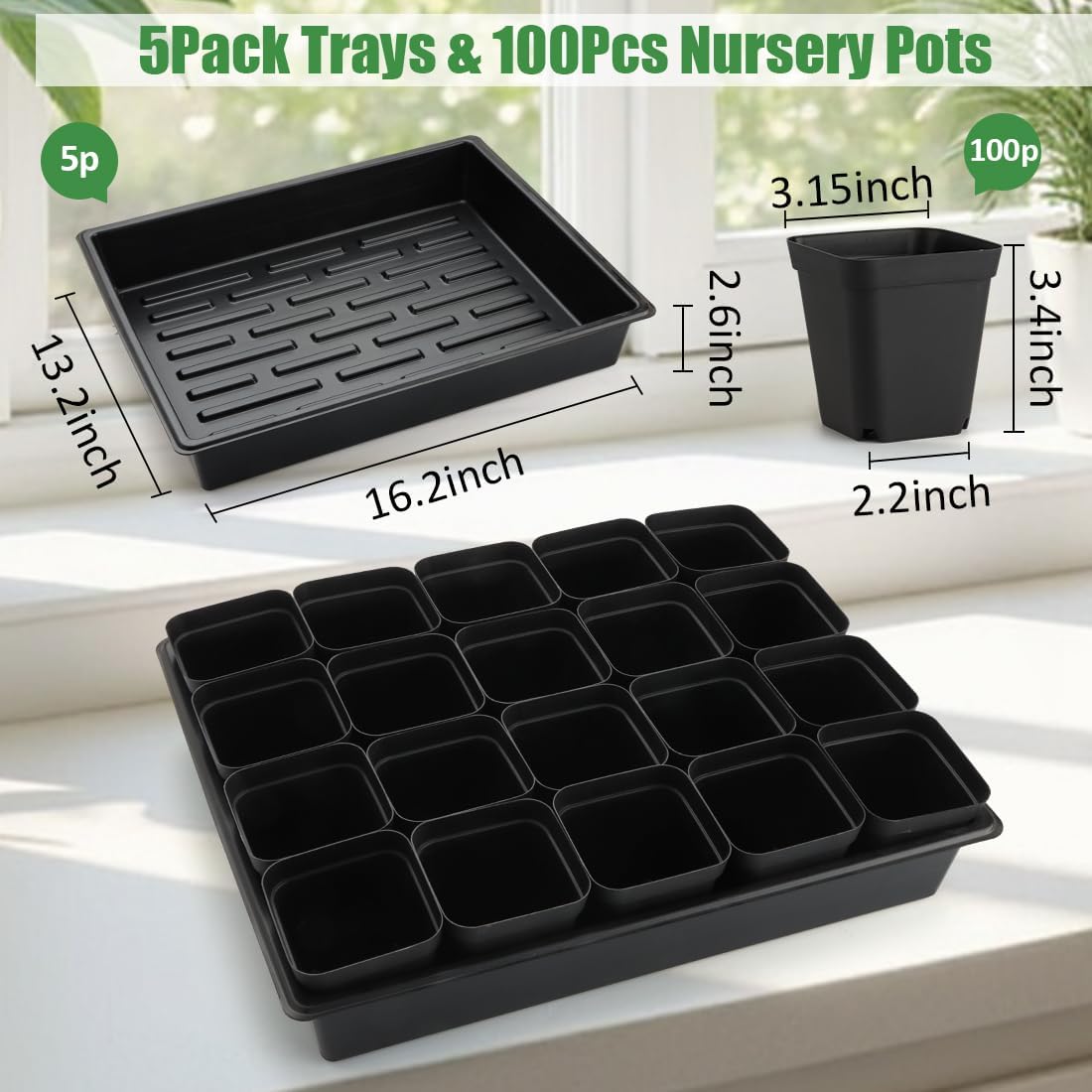 3.5 inch (9CM) Square Nursery Pots 60pcs, Sturdy Seedlings Trays 5 Pcs, Seeds Starter Germination Tray, Microgreenings Planter Nursery Propagation 5 Sets