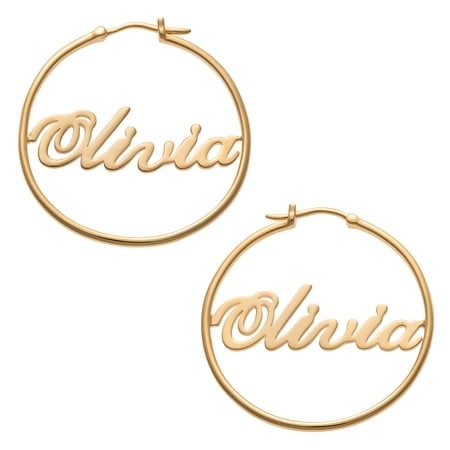 Personalized Planet Women's Gold over Silver Name Hoop Earrings, 35 mm