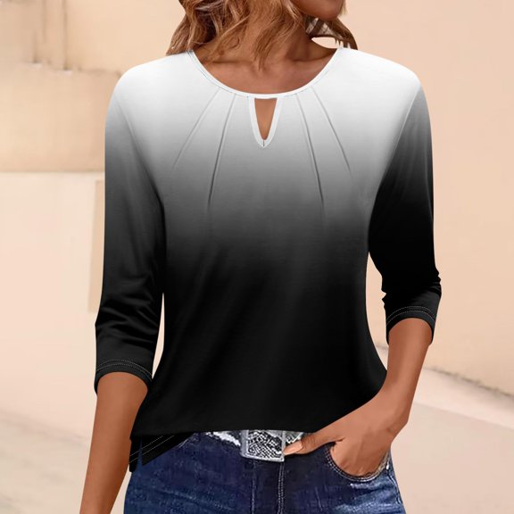 Tshirts Women Trendy Women's T Shirt Tee Printed Pleated 3/4 Sleeve Daily Weekend Fashion Basic Round Neck Regular Top