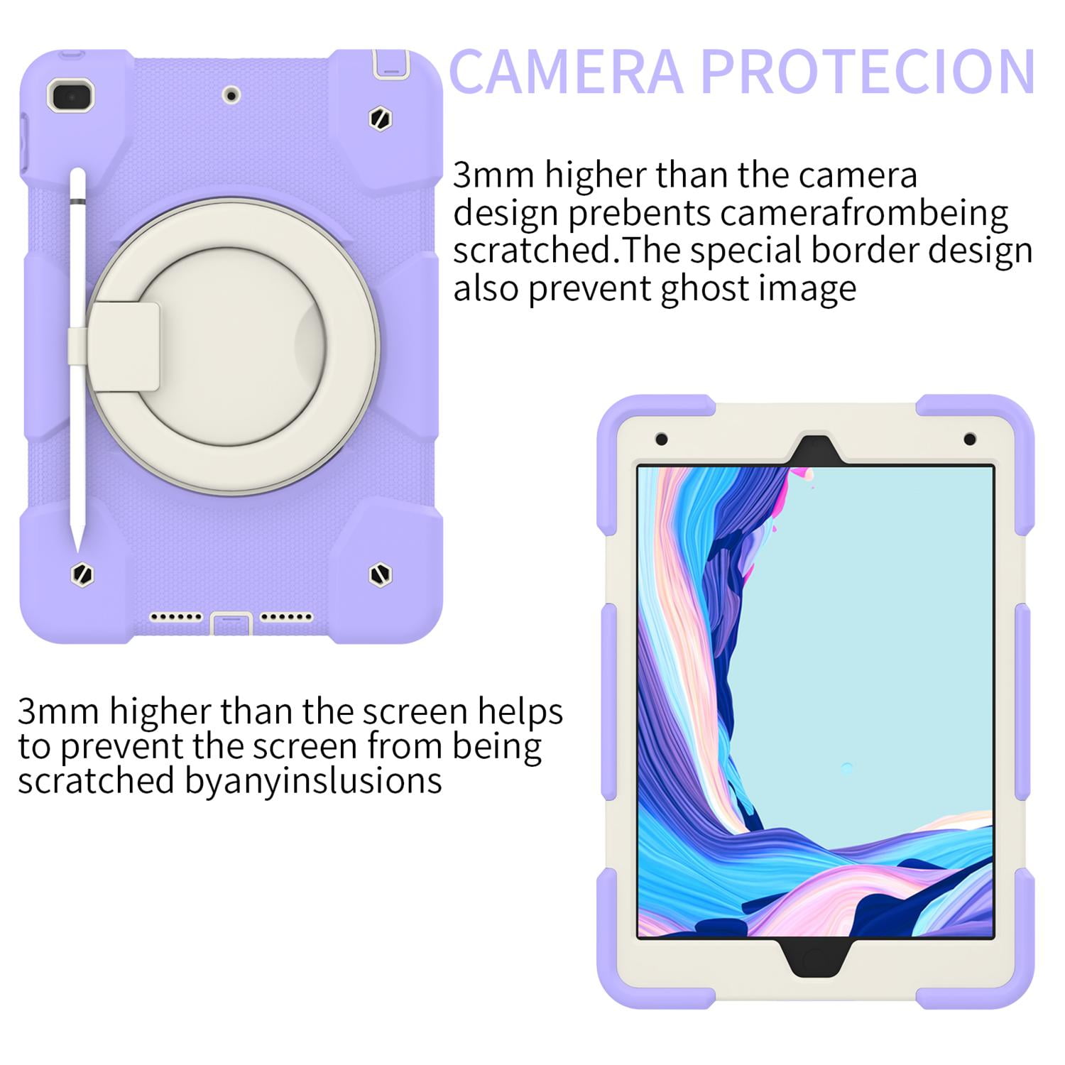 Allytech Case for iPad 9th/8th/7th Generation 10.2", Kids Case with 360° Rotating Folding Ring, Pencil Holder, Strap Drop-Proof Case for iPad 9/8/7 Gen 2021/2020/2019, Taro Purple