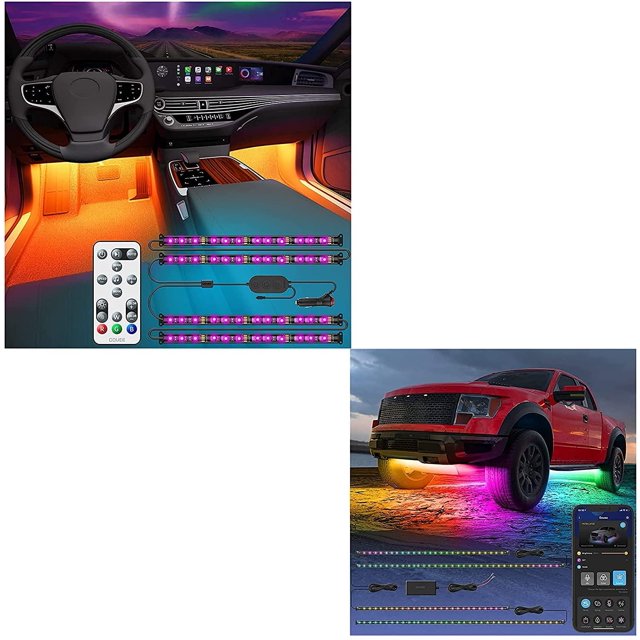 Wgthhk Exterior Car LED Lights, RGBIC Underglow Car Lights with Wgthhk Interior Car LED Lights with Remote and Control Box, Two-Line Design RGB Car Interior Light with 32 Colors Music Sync