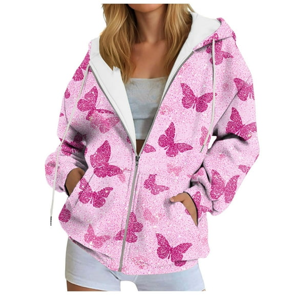 zaveiop Zip up Hoodie Women Butterfly Graphic Hoodies Long Sleeve Oversized Y2K Sweatshirts Cute jackets Plus Size for Girls (Pink, XXL)