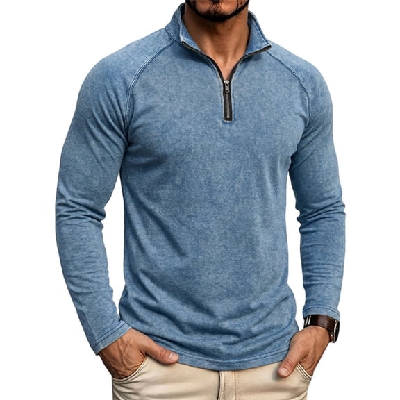LEAVINGSUO Pullover Shirts for Men Fall Winter Washed Long-sleeved Stand-up Collar Shirt Navy S