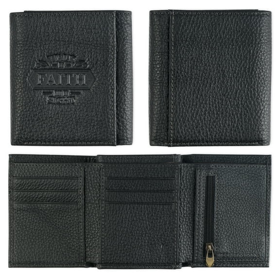 Christian Art Gifts Genuine Full Grain Leather RFID Blocking Scripture Wallet for Men: Walk by Faith - 2 Corinthians 5:7 Inspirational Bible Verse Accessory for Credit Cards, Bills, ID, Photos, Black