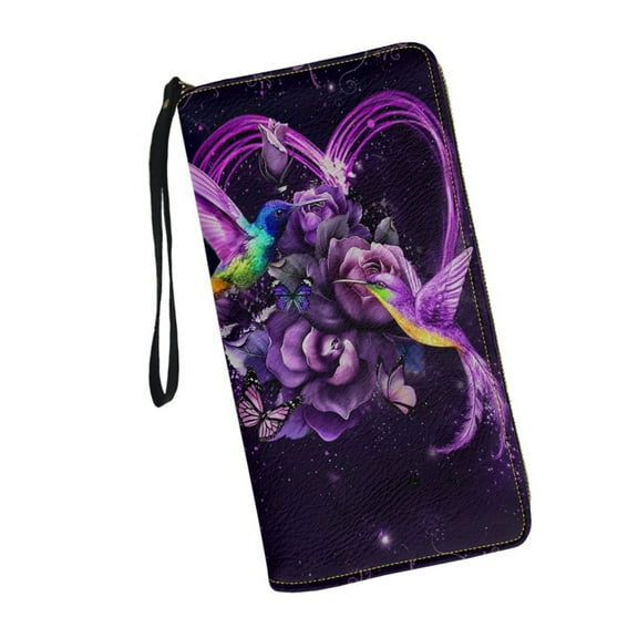 Hummingbird Floral Wallet for Women RFID Blocking PU Leather Zipper Around Wallets Clutch Wristlets Travel Long Purse