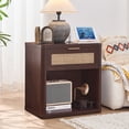 thumbnail image 3 of LELELINKY Rattan Nightstand with Charging Station, 23" Wide Boho Bedside Table with Drawer and Shelf for Bedroom, Living Room, Walnut, 3 of 8