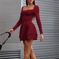 thumbnail image 4 of Gamivast Cocktail Dresses for Women Long Sleeve Square Neck Solid Skater Dress Ruffle Hem Mini Dress Fit and Flare Party Club Night Out Date Night, 4 of 8