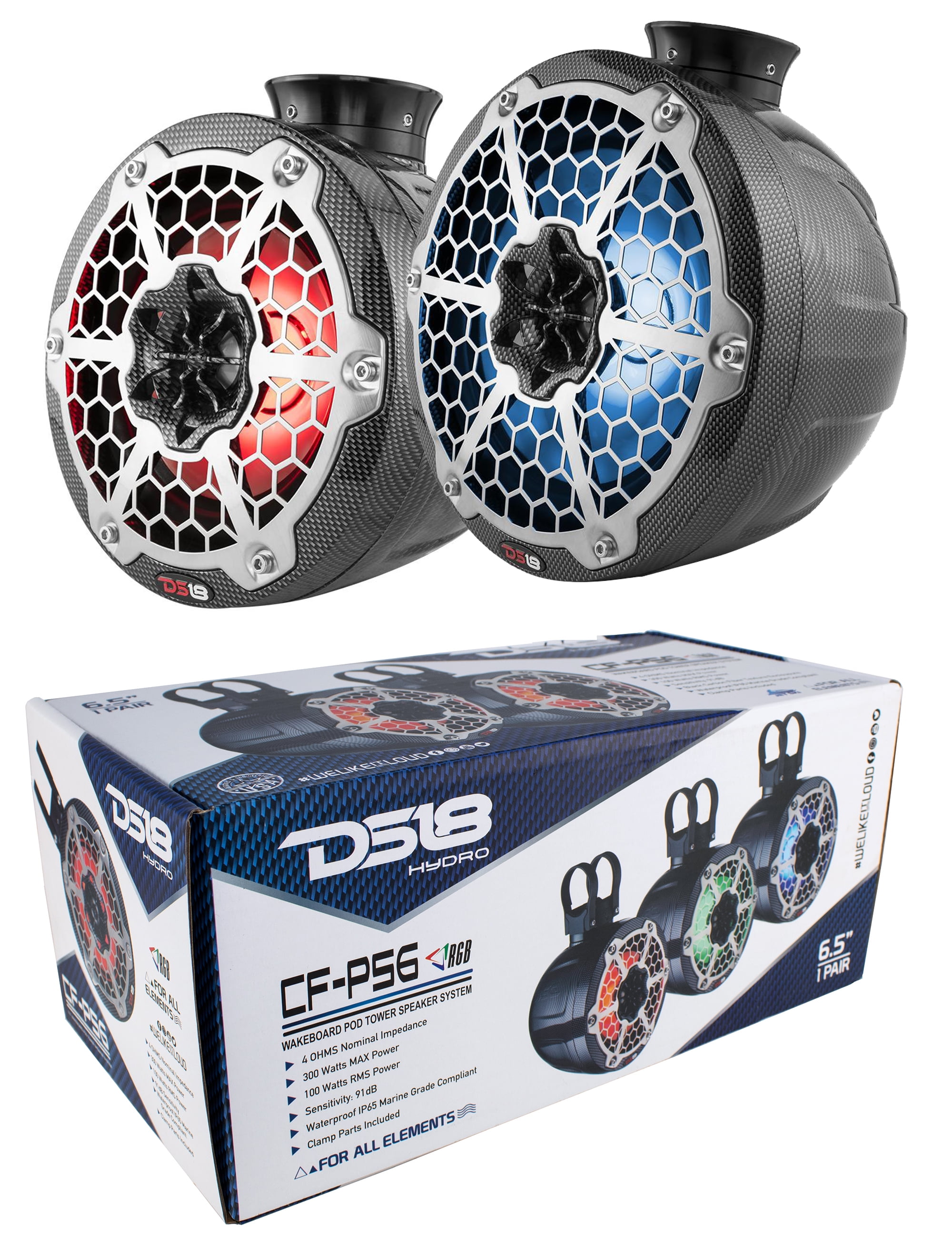 Mini 6.5" Marine Pod Speakers 600W Carbon Fiber RGB LED DS18 CFPS6