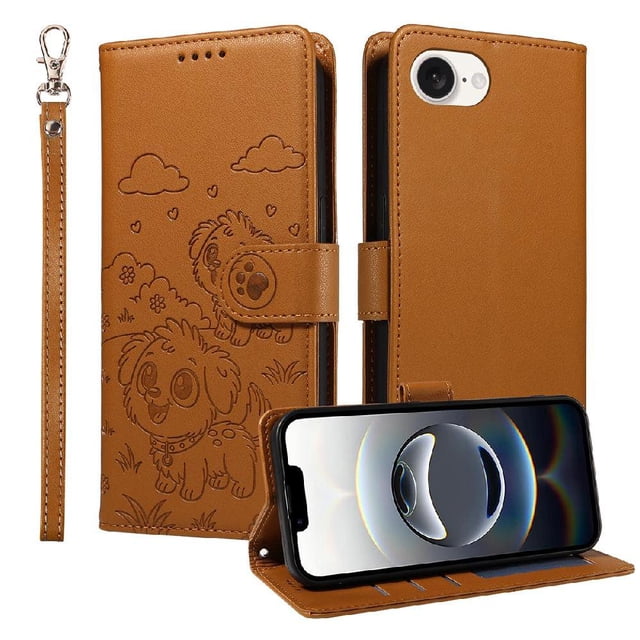 Funda Cartera GANGXUN con Diseño de Perrito en Relieve para iPhone 16e , Protección 360° con Ranuras y Correa Desmontable