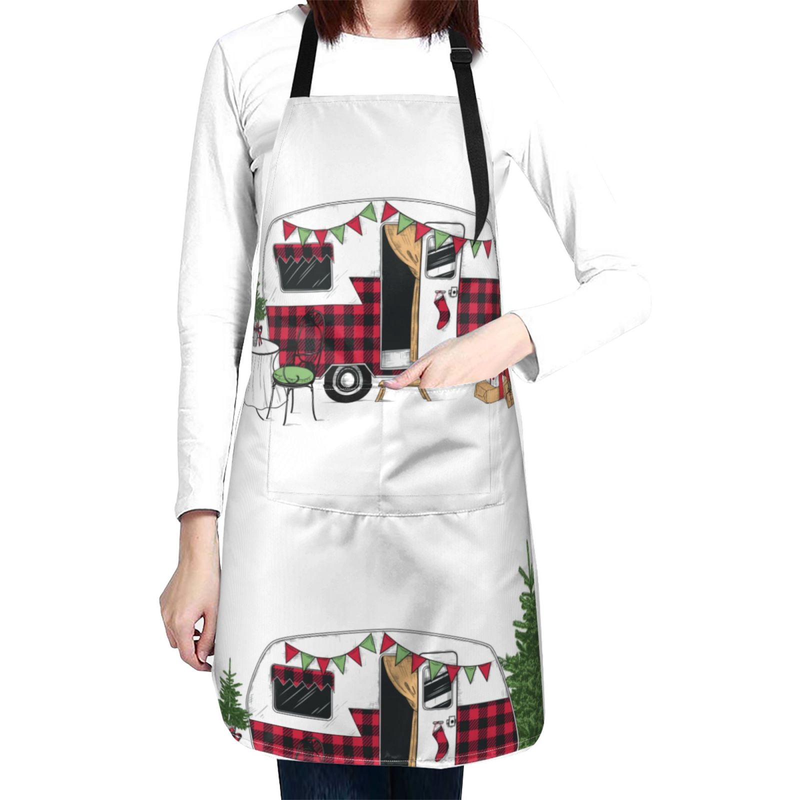 Kdxio Vintage Buffalo Plaid Christmas Camper Apron with Pockets Adjustable Kitchen Aprons for Men Women Waterproof Aprons for Cooking,Drawing,Crafting, Baking Household Cleaning