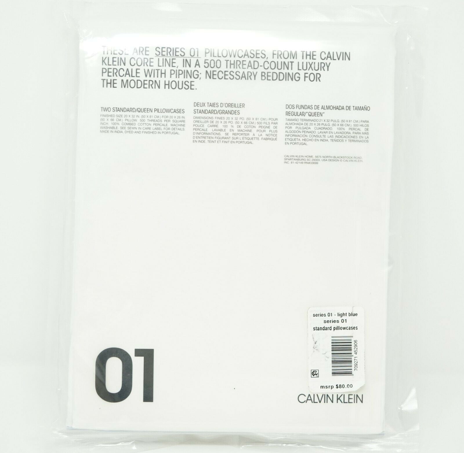 Calvin Klein Series 1 Combed Cotton Pillowcase PAIR STANDARD / QUEEN Light  Blue 