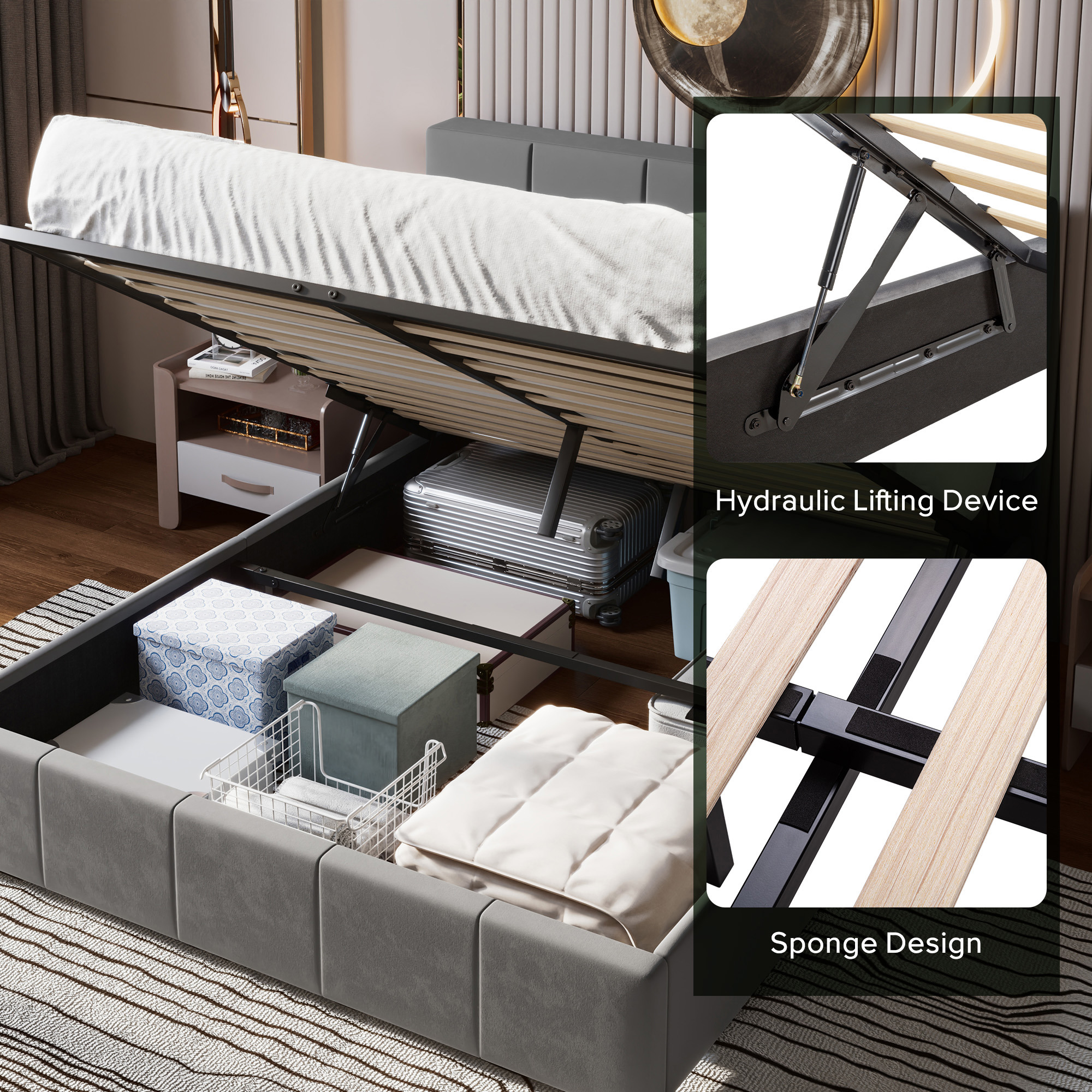 Einfach Queen Size Storage Bed Frame, Lift Up Velvet Platform Bed with Adjustable Upholstered Headboard, No Box Spring Needed, Gray