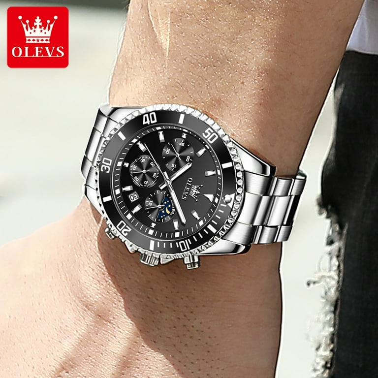 OLEVS Watch for Men Silver Watches for Men Black Dial Silver Stainless Steel Men Watch Big Face Luxury Quartz Watch Men Business Men Watch with Date