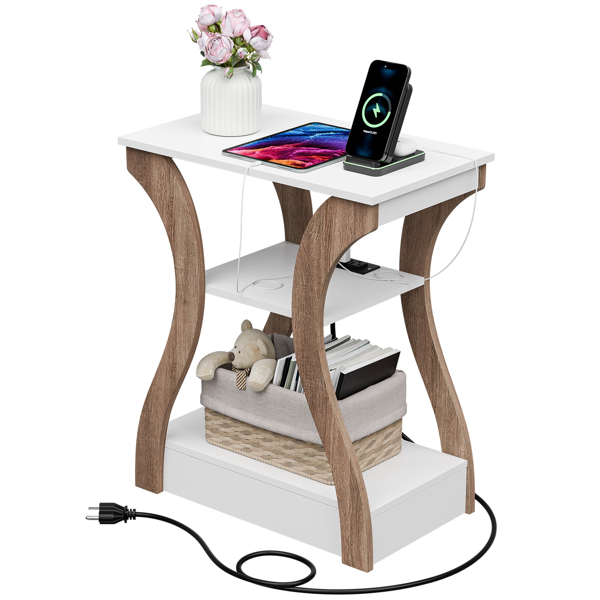 ZENSTYLE Side Table 3 Tier End Table with Charging Station Nightstand with USB Storage Shelf White