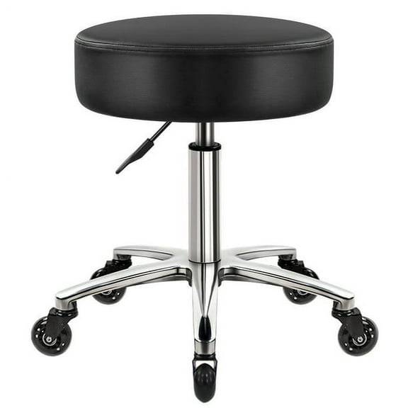 WKWKER Heavy Duty Rolling Stool with Wheels Hydraulic Swivel Adjustable Rolling Stool Ergonomic Thick Leather Seat Stool Chair for Kitchen Drafting Lab Office Salon Message Stool (Black)