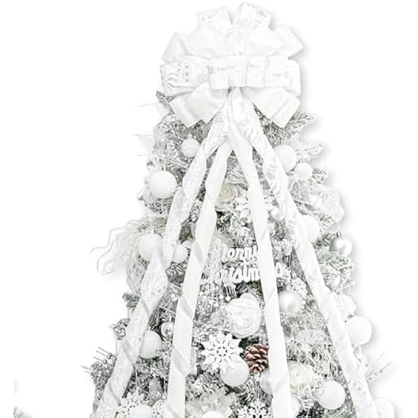 wonima02 Christmas Tree Topper Bow,53x13 Inches Large Christmas Bow with Glitter Streamer and Patterned Ribbon,Decorative Bows for Xmas Tree Wreath Door Festival Home Decor(White)