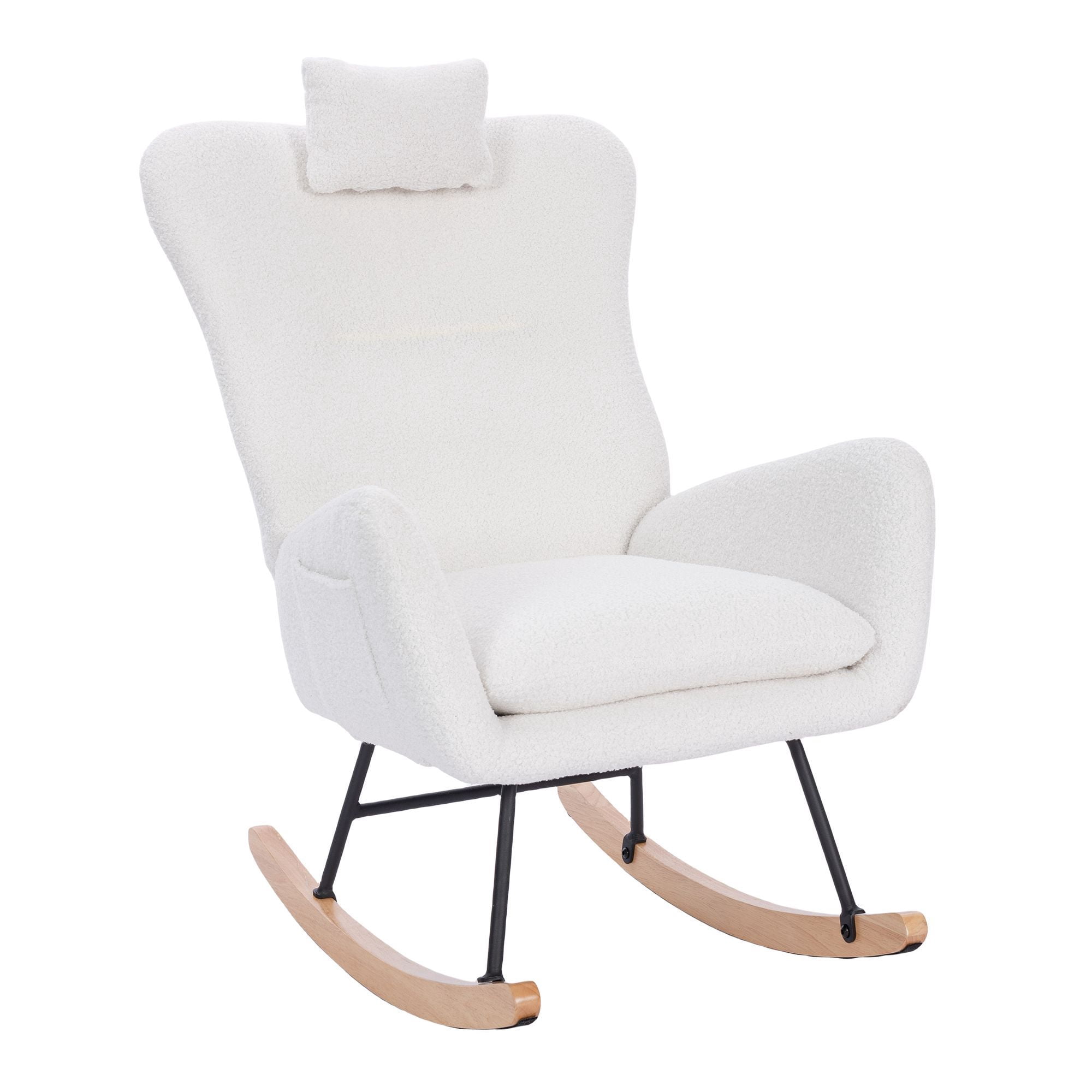 Upholstered Rocking Chair, Teddy Fabric Glider Rocker with High Backrest,Modern Rocking Accent Chair for Living Room, Nursery, Bedroom, White