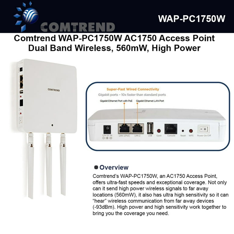 Comtrend WAP-PC1750W AC1750 Access Point Wless, 560mW, Gigabit