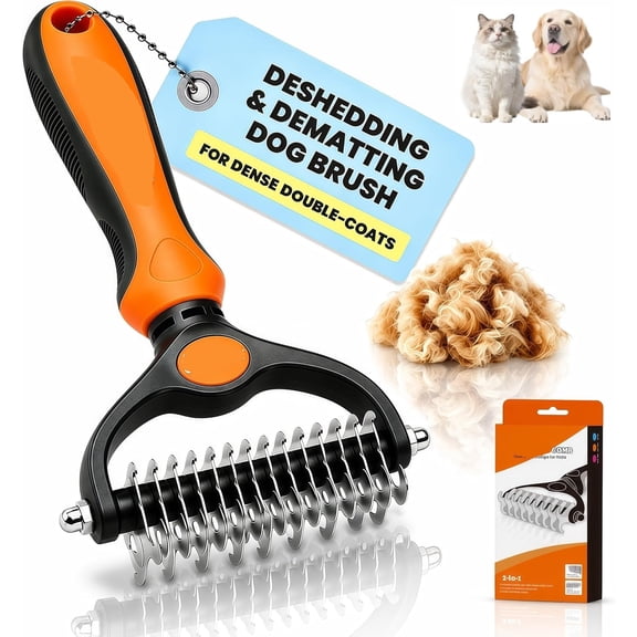 2026 New Double-Sided Deshedding Dematting Tool, Undercoat Rake for Dogs & Cats, Extra-Wide Dog Grooming Brush & Deshedder Comb for Long Hair (Orange)
