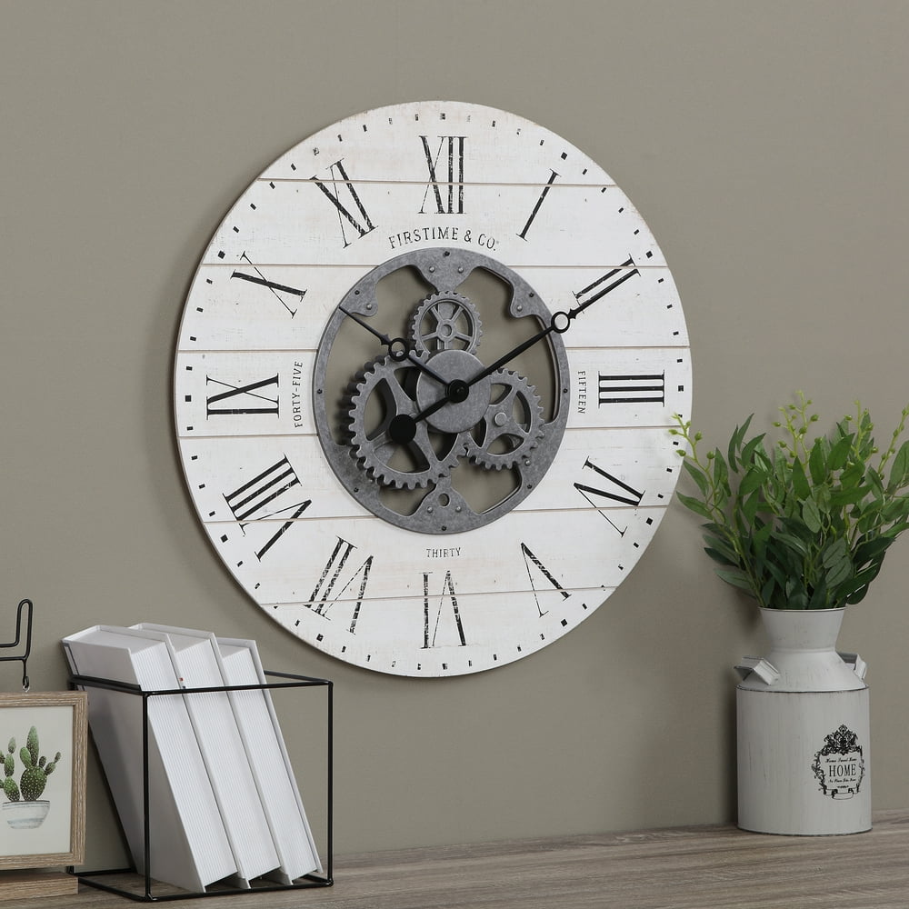 FirsTime Shiplap Gears Wall Clock, Whitewashed Wood, 24 in Walmart