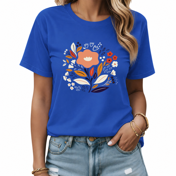 UNISHE Women's Blue Boho Scalloped Flower Graphic Short Sleeve T-Shirt Cotton Crewneck Top