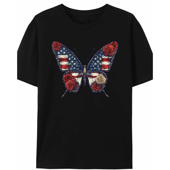 Women's T-Shirt Retro Blue Red Butterfly American Flag Roses Short Sleeve Casual Tee Classic Crew Neck T Shirt for Women Black, 3XL