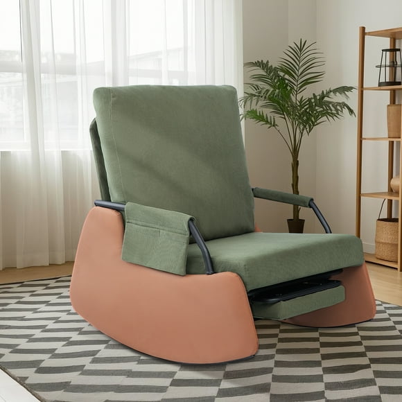 Rocking Recliner Chair with Footrest - Soft Fabric Upholstered Glider Chair for Nursery, Modern Foldable Living Room Armchair, Bedroom Rocker with 3-Level Adjustable Backrest & Side Pockets