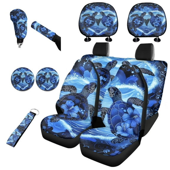 Garronmavis Neon Turtle Hibiscus Rose Car Seat Cover Set of 11 with Auto Headrest Covers Handbrake Gear Shift Knob Cover Auto Cup Coaster Wristlet Keychain Easy to Install Universal Fit