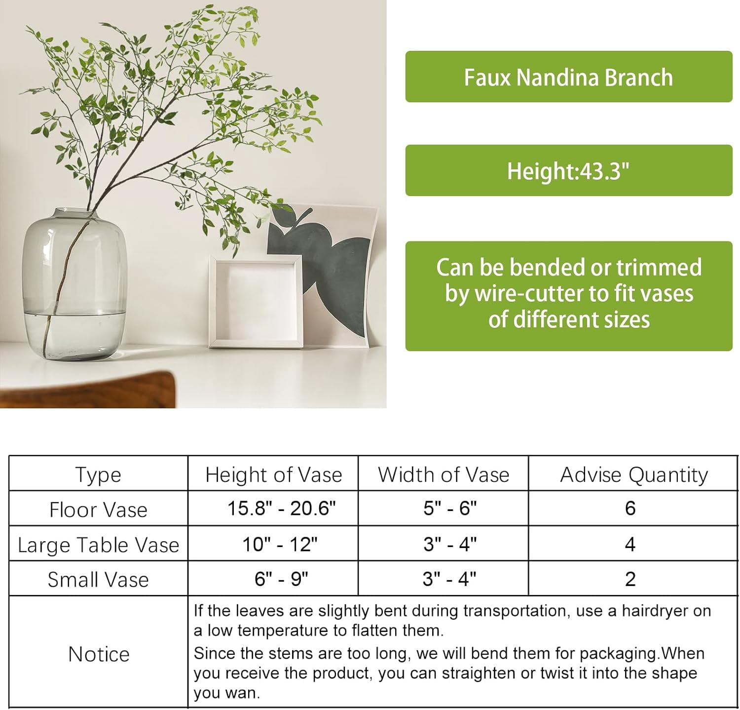 4pcs Artificial Plants Fake Greenery Branches for Vase, 43.3 Inch Green Nandina Long Steams for Tall Vase, Fake Plants Spring Stems for Wedding Garden Office Home Décor