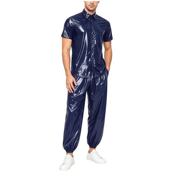 vastwit Men Plastic Oversized Shirts Pants Set Waterproof Two-piece Outfit Sweat Suit Jogging Sportswear Dark Blue L