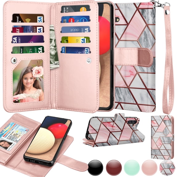 Galaxy A13 Wallet Case, Samsung Galaxy A13 2021 PU Leather Case, Njjex Luxury PU Leather 9 Card Slots Holder Carrying Folio Flip Cover [Detachable Magnetic Hard Case] & Kickstand & Hand Strap-Marble