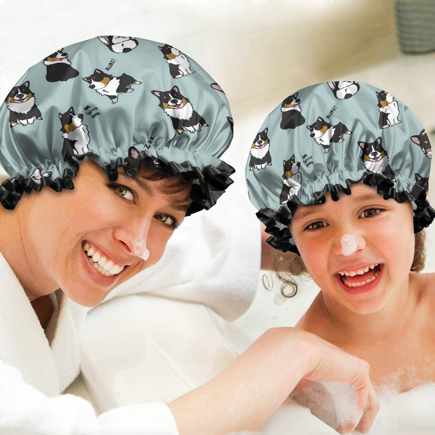 Shower Caps,Black Corgi Waterproof Shower Cap for Women 4 Pieces,Double Reusable Hair Cover for Shower PEVA Elastic Stretch Hem