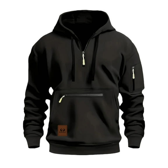 XIAOCHA Mens Hoodies Long Sleeves Slim Fit Pullover Half Zipper Hooded Sweatshirt Solid Color Zipper Pocket Trendy Drawstring Hoodie Top Black